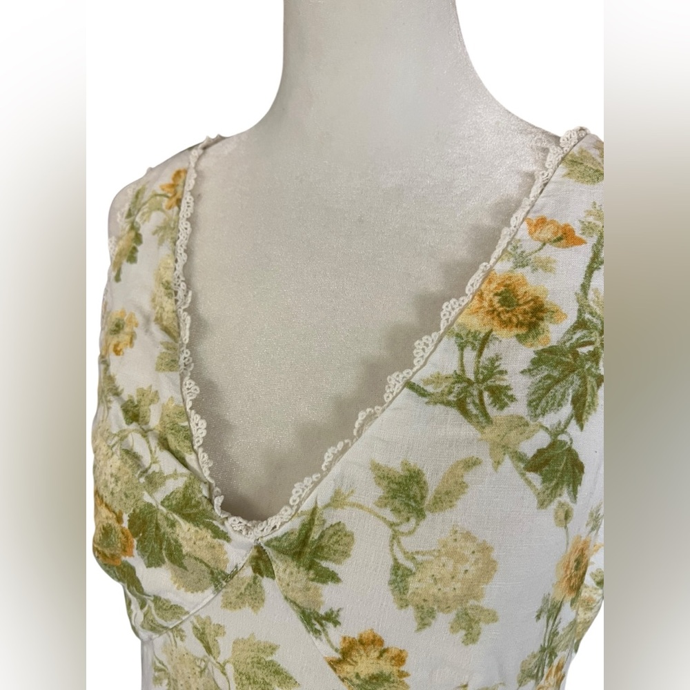VTG LAURA ASHLEY Linen Floral Yellow Roses Midi Dress Cottage Garden Lace Trim 6 - Picture 2 of 16